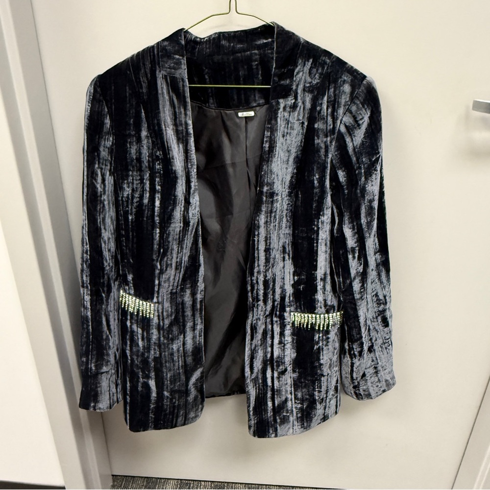 grey crushed velvet women's blazer with beaded pockets